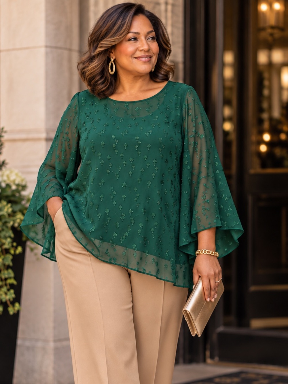 Marina Rinaldi Dark Green Georgette Sheer Blouse US 16 designer sheer luxury